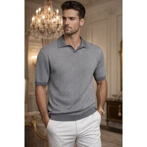 Alashan Johnny Collar Cotton-Cashmere Short Sleeve Knit Polo Sweater Gray M